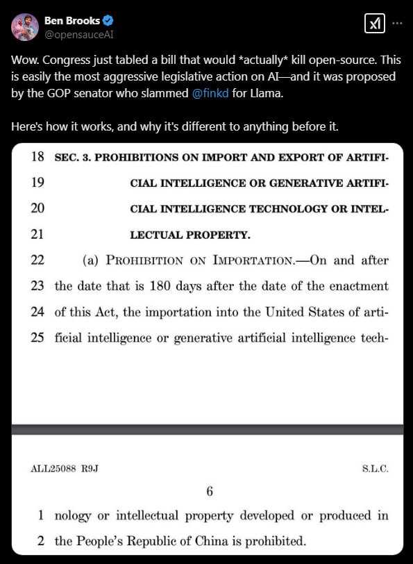 ‍↕ #   20 лет тюрьмы за DeepSeek! Это не шутка!     В США республиканцы подали законопроект, который может стать настоящим ударом по open source и нейросетям.     Вот что планируется:    Запрет на использование моделей: Законопроект предполагает запрет на использование моделей, выпущенных китайскими компаниями и колледжами.    Open source под угрозой: Распространение open source моделей тоже под запретом, чтобы китайцы не могли ими пользоваться.    Штрафы и тюрьма: Нарушение этого запрета может обернуться штрафом от $1 млн до 20 лет за решеткой. Да уж, это точно не шутка!  Этот законопроект, предложенный сенатором от GOP, стал самым агрессивным шагом в отношении искусственного интеллекта. Кажется, что открытый исходный код и свобода технологий оказались под серьезной угрозой.