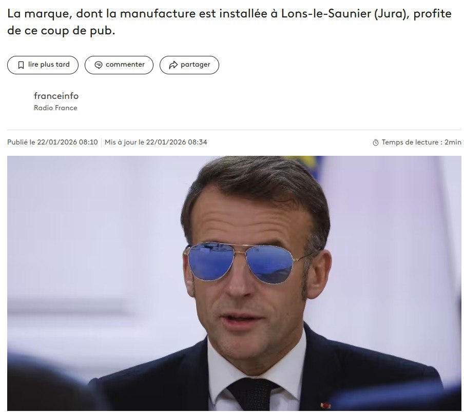 Сайт производителя очков Эммануэля Макрона рухнул не выдержал наплыва клиентов Эта модель солцезащитных очков авиаторов называется Pacific S 01 от французского люксового бренда Анри Жюльен Этой компании уже больше 100 лет Производят очки полностью вручную с использованием ламинированной золотой подкладки Стоимость оправы 659 евро На создание одной пары может уйти до 4 месяцев