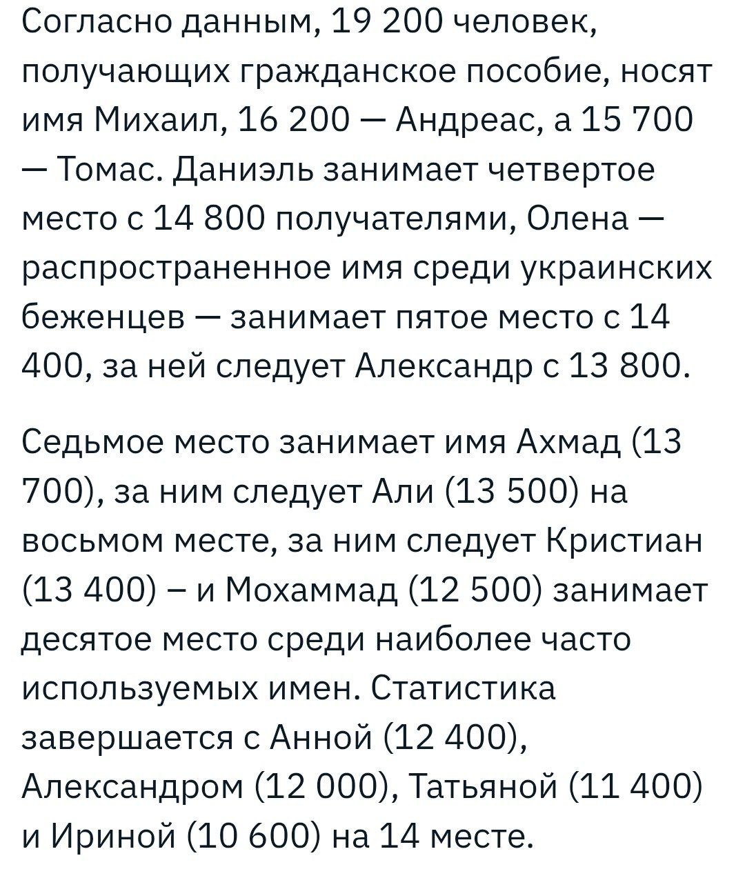 Самыми популярными женскими именами среди получателей пособий в Германии оказались Олена, Елена, Анна, Татьяна и Ирина.