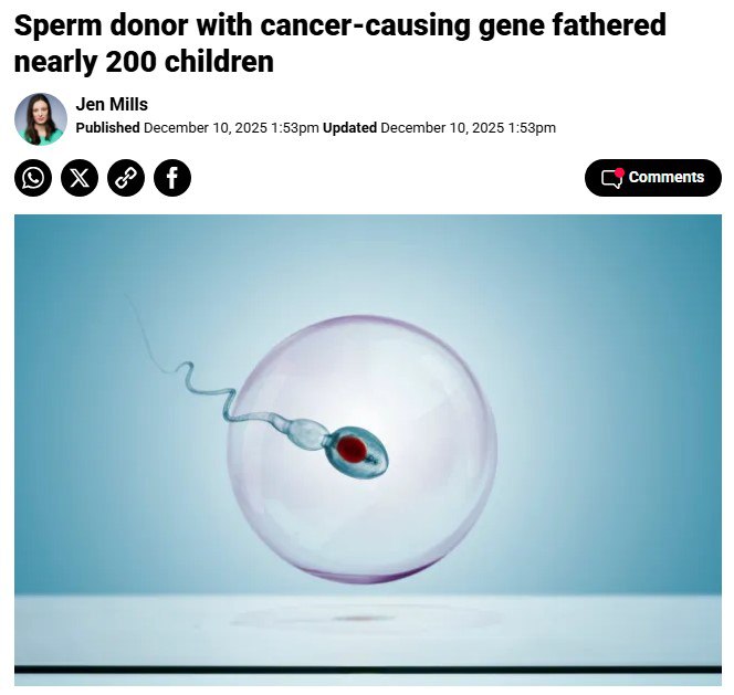 Жесть дня донор спермы с мутацией заразил раком сотни детей Еще в 2005 году датчанин анонимно сдал биоматериал в банк спермы в Копенгагене За следующие 17 лет мужчина стал отцом 200 малышей в 14 странах Европы пишет BBC Позже вскрылось страшное в сперме мужчины оказалась редкая генная мутация вызывающая рак Некоторые из детей уже умерли у остальных либо выявили онкологию либо найдут ее позже уверены врачи А теперь финалочка банк спермы Дании где хранилась генетическая бомба замедленного действия всего лишь выразил пострадавшим глубочайшее сочувствие Подпишитесь на Абзац TG VK Дзен MAX Rutube