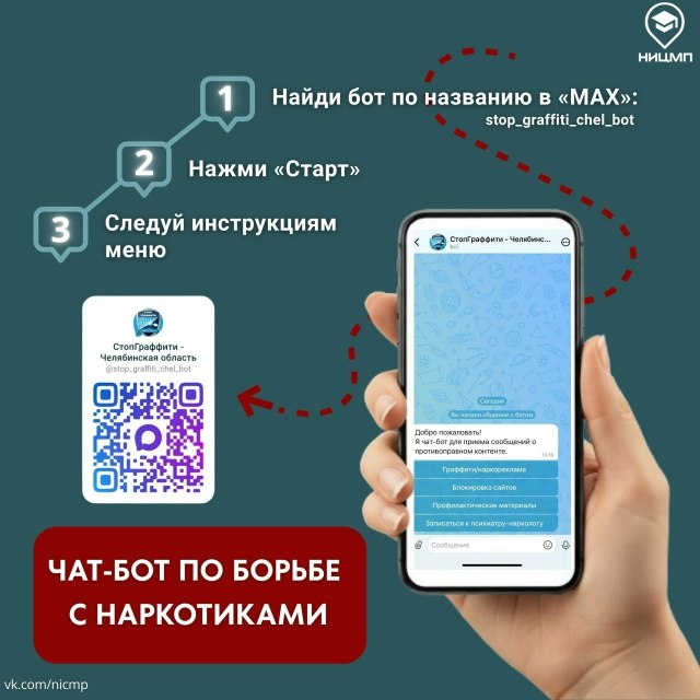 В Челябинской области начал работу чат бот который поможет бороться с наркотиками Проект разработанный полицейскими региона и Минцифры решает сразу несколько задач   Оперативно сообщить о найденных надписях рекламирующих наркотики наркограффити выбираем локацию указываем адрес и отправляем фотографию Информация автоматически направляется в управляющие компании или администрации муниципалитетов для устранения После ликвидации надписи заявитель получит уведомление о выполнении   Направить сведения о подозрительных интернет ресурсах выбираем в боте сайт или социальная сеть указываем тематику а затем вид противоправной информации и присылаем прямую гиперссылку Полученные данные передаются в Роскомнадзор для принятия мер по блокировке противоправного контента   Ознакомиться с материалами по профилактике чат бот перенаправит на сайты на которых размещены образовательные материалы с антинаркотической информацией для разных возрастных и социальных групп населения   Кроме того через бота можно записаться на прием к врачу наркологу Челябинской областной клинической наркологической больницы Как начать общение с чат ботом Найди его по названию в мессенджере МАХ stop graffiti chel bot нажми Старт и следуй инструкциям меню Если ты стал свидетелем размещения рекламы о наркотиках или лицах причастных к распространению запрещенных веществ не оставайся в стороне Сообщи Данный проект уже получил высокую оценку на федеральном уровне и удостоился диплома лауреата III степени национальной премии Безопасный город