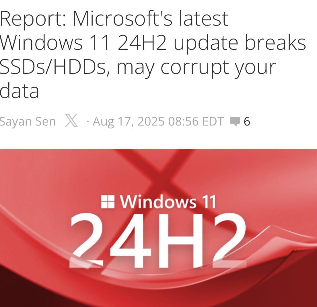 С обновлением винды не торопимся — Windows 11 ломает жесткие диски и SSD. Эксперты обнаружили в обновлении KB5063878 для версии 24H2 критические баги, которые проявляются лишь при записи свыше 50 ГБ и заполнении накопителя больше чем на 60%. Система банально перестает видеть диск и восстановить его работу не получается ни перезагрузкой, ни другими действиями. Все как всегда, ждем исправления.