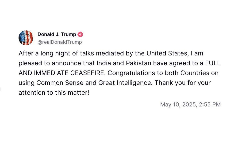 Трамп заявил, что Индия и Пакистан договорились о немедленном прекращении огня.