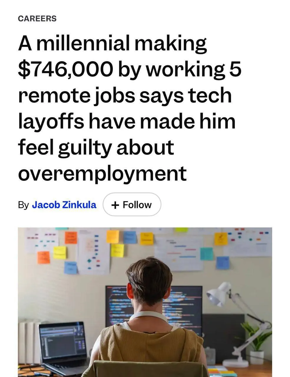 Айтишник из США совмещает сразу пять удалённых работ и зарабатывает около 4 6 млн рублей в месяц По его словам компании часто завышают объём задач часть работы выполняет ИИ остальное созвоны Рабочий день у него начинается в 4 утра и заканчивается к 17 00 За это время он успевает работать с компаниями из разных часовых поясов На фоне массовых сокращений в IT программист признался что испытывает неловкость из за того что занимает сразу несколько ставок пока другие месяцами ищут работу