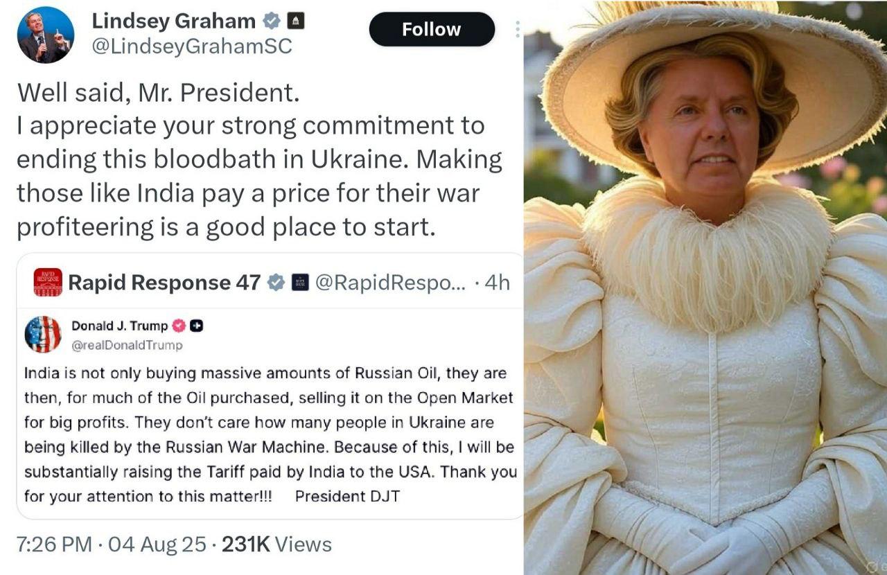 «Пусть расплачиваются!»: Грэм  подталкивает Трампа к торговой войне с Индией  Американский сенатор-республиканец Линдси Грэм горячо поддержал заявление Трампа о введении пошлин против Индии из-за закупок российской нефти.    «Хорошо сказано, господин президент! Заставить Индию расплачиваться за то, что она наживается на этой войне – отличный почин!», – заявил Грэм, известный своей ястребиной позицией.  Накануне Трамп заявил о планах ввести пошлины за перепродажу российской нефти Индией, которая «получает прибыль, помогая обходить санкции».    Но если уж разбираться, кто больше всех нажился на конфликте – то это явно не Дели. По словам аналитиков, Грэм специально подбивает Трампа, чтобы тот влез в экономическую конфронтацию не только с Пекином, но и с союзником по QUAD. Когда Трамп это поймет – не будет ли слишком поздно?    - включен в список террористов и экстремистов в России  Осташко! Важное   подпишись   #важное