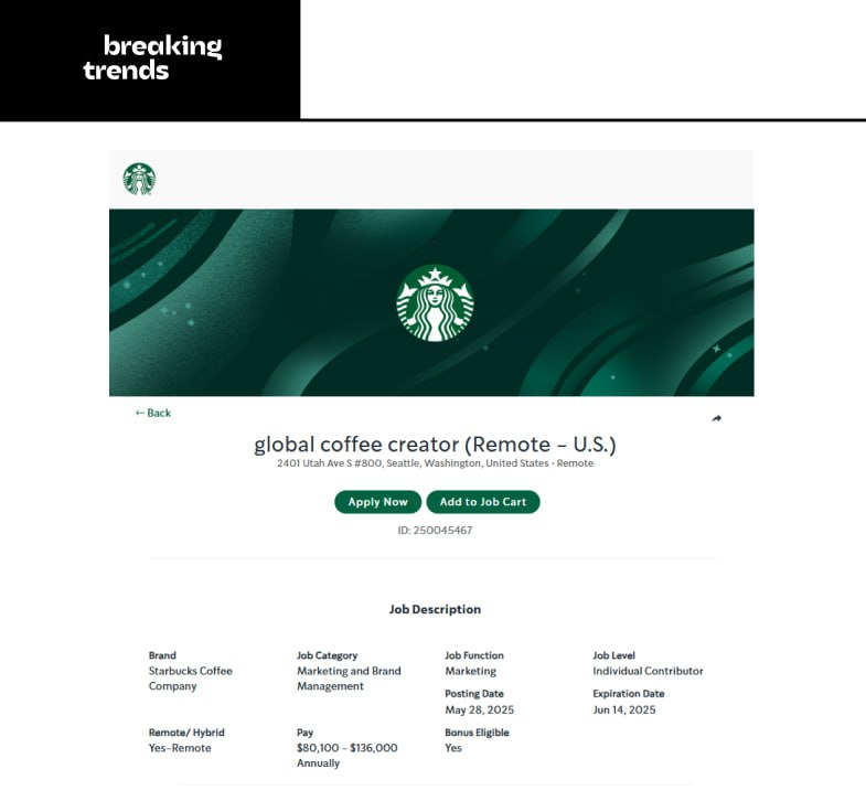 Starbucks наймёт двух зумеров, которые будут путешествовать по миру, пить кофе и снимать ролики для TikTok. Из требований к соискателям: удалёнка и необязательное высшее образование. Таким специалистам обещают платить $136 тысяч в год. Весь транспорт и кофе в заведениях Starbucks — за счёт компании. Breaking Trends