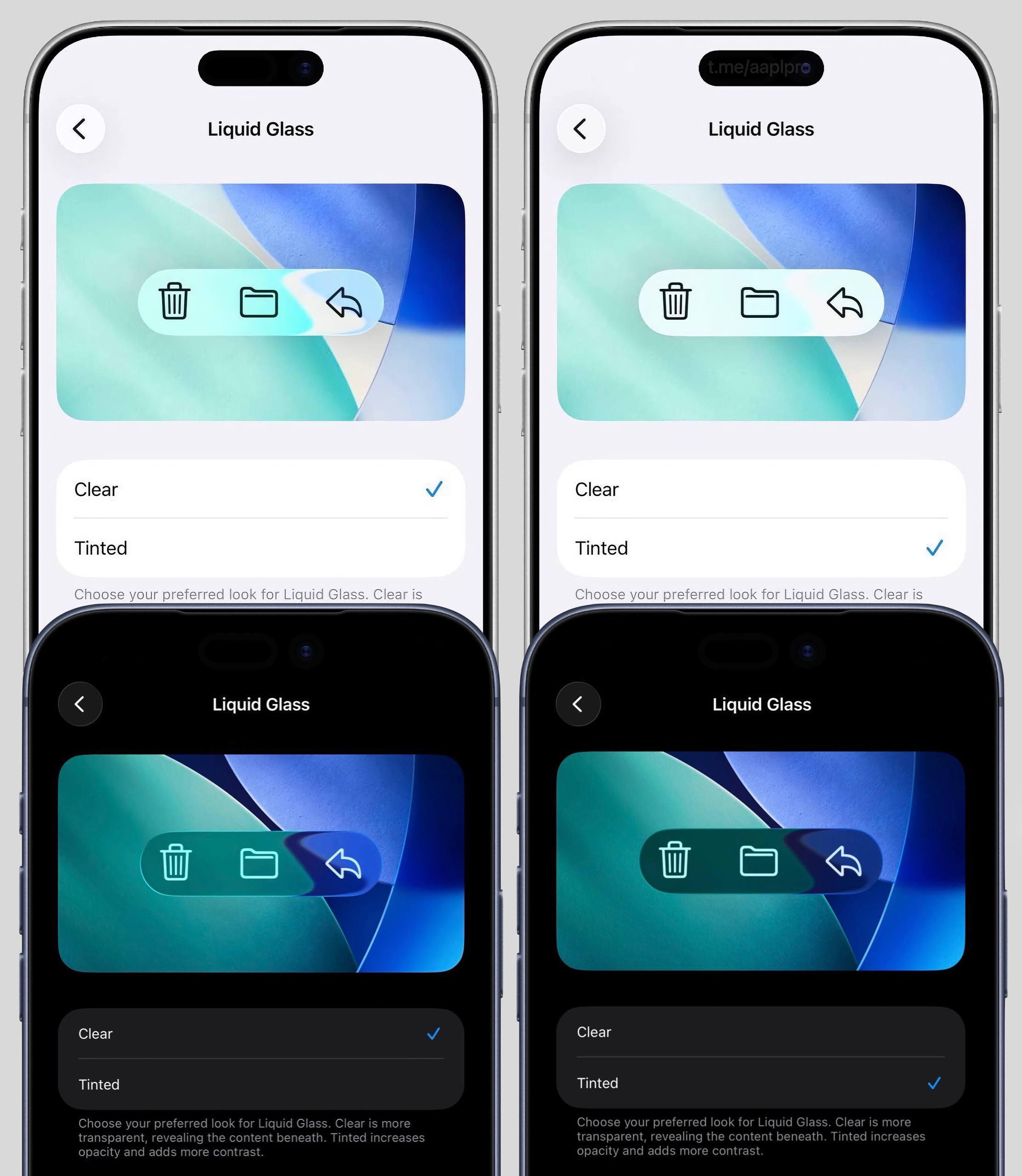 Новое в iOS 26 1 beta 4 Настройки Liquid Glass добавлен функционал выбора оформления некоторых элементов системы с эффектом прозрачного стекла Glass или тонированного стекла Tinted Причём выбранный режим работает по всей системе включая сторонние приложения