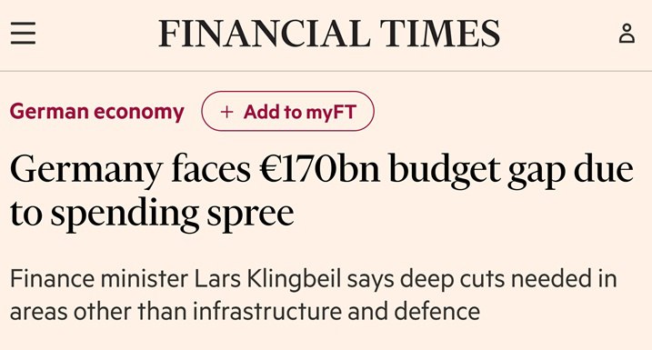 €170 млрд — дыра в бюджете, накрывающая Германию, — Financial Times К 2029 году ФРГ должна закрыть бюджетный дефицит в размере 170 млрд евро. Поскольку правительство согласилось не повышать налоги, это потребует значительных сокращений в министерствах и реформ системы социального обеспечения, — констатирует британская Financial Times «Нельзя терять время. Только в бюджете на 2027 год придётся покрыть дефицит в размере 30 млрд евро, что является одной из самых серьёзных внутренних проблем, которые нам предстоит решить в ближайшие 12 месяцев», — заявил министр финансов Германии Ларс Клингбайль Это происходит на фоне сохраняющейся неопределённости в отношении перспектив экономики Германии, которая за последние пять лет не продемонстрировала роста и больше всего пострадала от пошлин США на товары из ЕС «КРИСТАЛЛ РОСТА» ранее информировал о том, что по мнению германской Bild Германия разорена, а по мнению InfoBRICS антироссийские санкции — главная причина краха экономики Германии