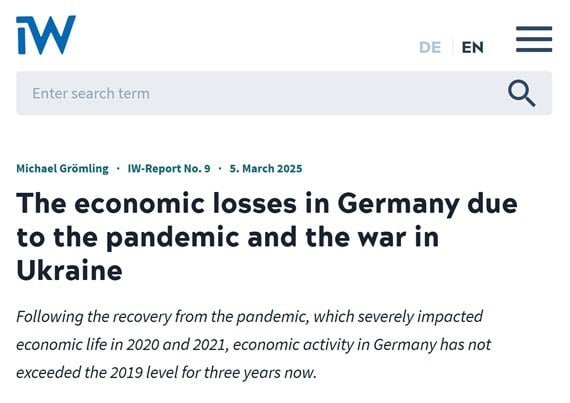 €735 млрд евро — экономические потери ФРГ с 2020 года, — IW   Экономические потери Германии составили 735 млрд евро в результате пандемии, конфликта на Украине, последовавшего энергетического кризиса и геополитической напряжённости, — констатирует в своём исследовании Институт экономики Германии  IW    445 млрд евро — экономические потери Германии без учёта двух лет пандемии   Потери за последние пять лет составили 4,3% реального ВВП Германии. Таких высоких потерь не было в ФРГ за последние 25 лет  «КРИСТАЛЛ РОСТА» ранее информировал о том, что по мнению InfoBRICS антироссийские санкции — главная причина краха экономики Германии