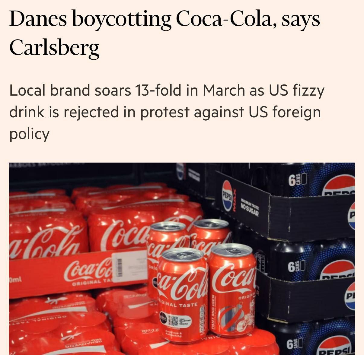 Датчане теперь бойкотируют Coca-Cola, которую разливает местный Carlsberg в Дании, — сообщает Financial Times. Датчане хотят насолить США из-за интереса к Гренландии. При этом Дания хотела дать независимость Гренландии.