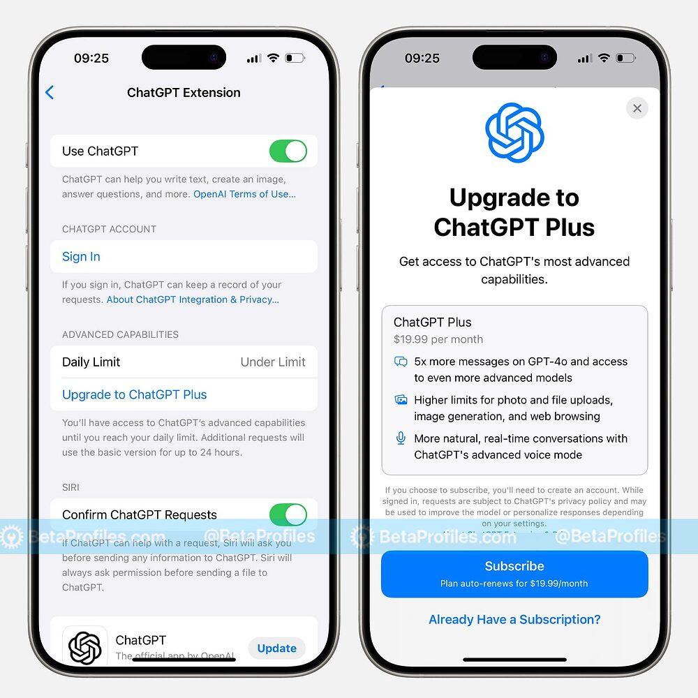 ChatGPT начиная со второй беты iOS 18.2 получил дневной лимит  Лимит накладывается на ChatGPT Plus, то есть как только лимит будет достигнут, можно продолжить использовать базовую версию ChatGPT.  В Настройках можно приобрести подписку на ChatGPT Plus за $19,99 в месяц или авторизоваться в уже существующий аккаунт ChatGPT.