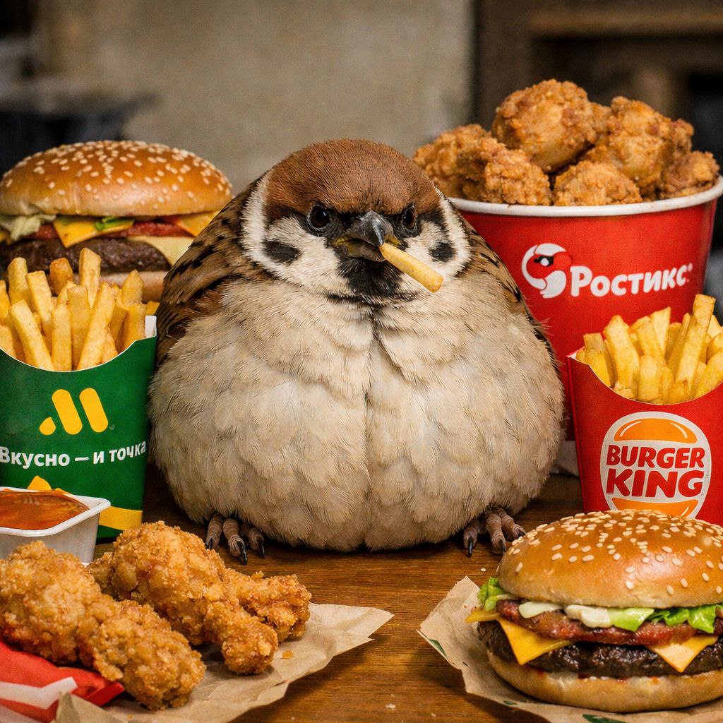 В России разжирели воробьи и всё из за фастфуда из Вкусно и точки В городах пернатые подъедаются у сетевых заведений а потом испытывают те же проблемы что и люди О проблеме рассказала биолог РАН Воробьи теперь могут переваривать быстрые углеводы и видимо многие другие виды тоже могут В результате они начинают в городе толстеть Точно так же как у людей это отрицательно сказывается на их здоровье Если ты набираешь вес у тебя меняется гормональный фон а он может меняться в сторону ухудшения размножения в частности а весной воробьи займут твою беговую дорожку в фитнес клубе