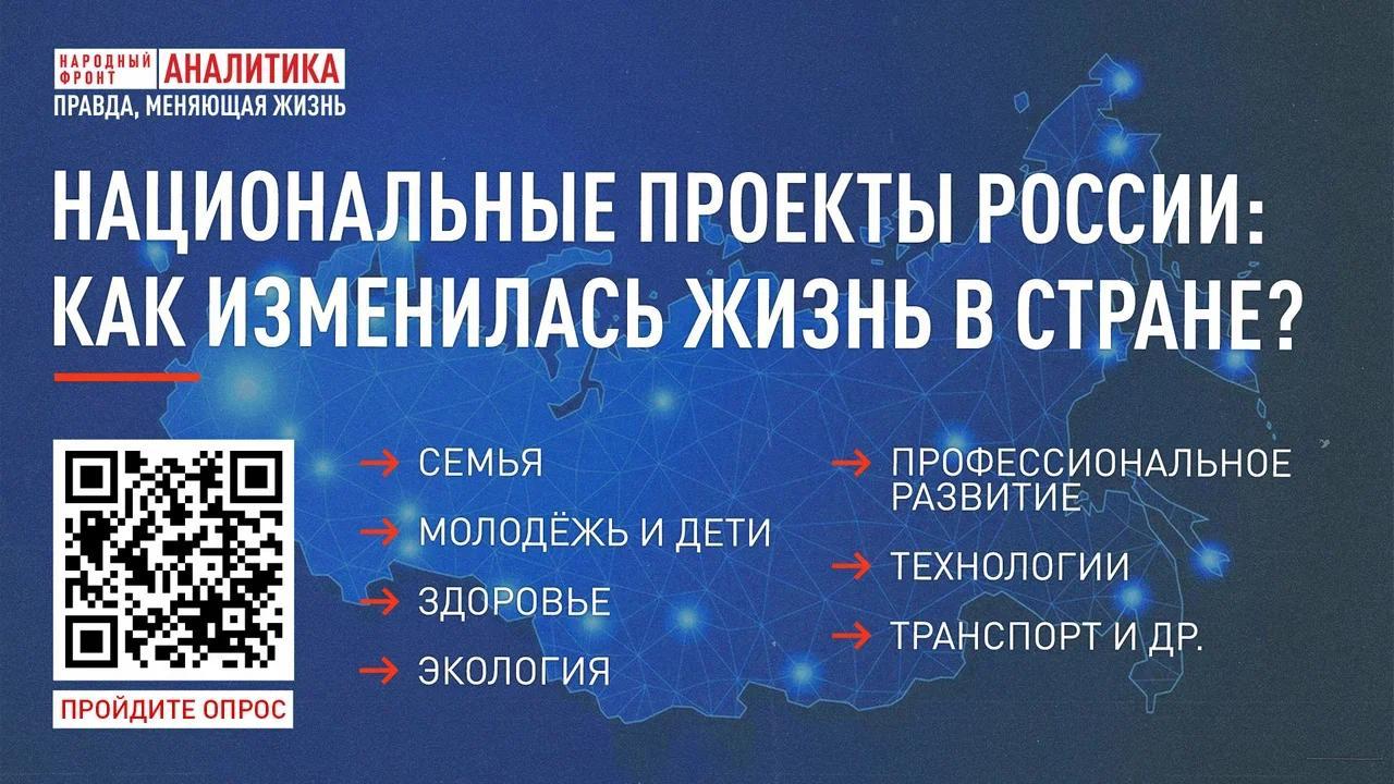 Народный фронт запустил всероссийский опрос о национальных проектах 2025 Народный фронт открыл новый всероссийский опрос о том как реализуются национальные проекты в 2025 году и какие изменения они уже принесли в сферы образования здравоохранения культуры ЖКХ и других направлениях Россиянам предлагают оценить состояние ключевых сфер отметить положительные или отрицательные изменения а также назвать мероприятия которые оказались наиболее заметными Вопросы касаются самых разных тем от доступности жилья и качества воды до цифровизации госуслуг и стоимости коммунальных платежей Опрос полностью анонимный а данные будут использованы только в обобщённом виде Большинство опросов Народного фронта традиционно становятся основой для докладов Президенту и именно на их основе формируются поручения профильным министерствам и ведомствам Пройти опрос можно по ссылке Фото Народный фронт Подписаться на Петербургский дневник в MAX
