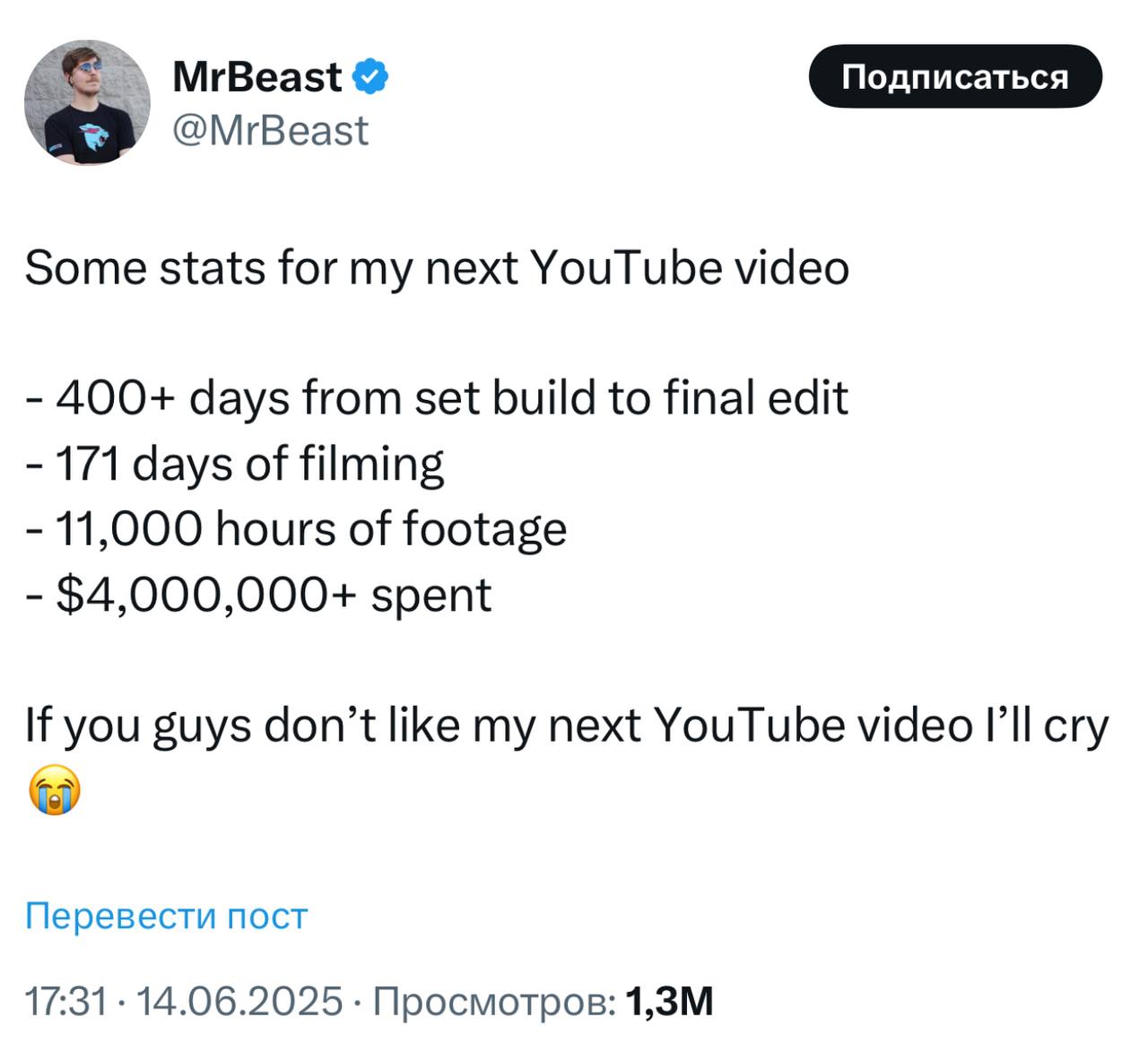 MrBeast анонсировал ролик, который снимался 171 день и стоил суммарно более 4 миллионов долларов. Всего было отснято 11 000 часов материала. Хочется посмотреть на лицо видеомонтажеров, которые будут лепить из этого 20-минутный ролик