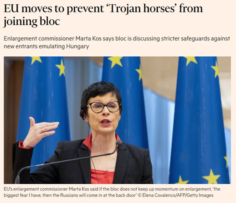 Новые члены ЕС могут быть поставлены на испытательный срок на несколько лет и исключены из блока в случае отступления от демократических принципов заявила Комиссар по вопросам расширения ЕС Марта Кос в интервью FT Это планируется сделать для того чтобы они не подражали Венгрии Я не хочу войти в историю как комиссар который привел в ЕС троянских коней которые начнут действовать через пять десять или пятнадцать лет заявила она Подписаться Читать эксклюзив