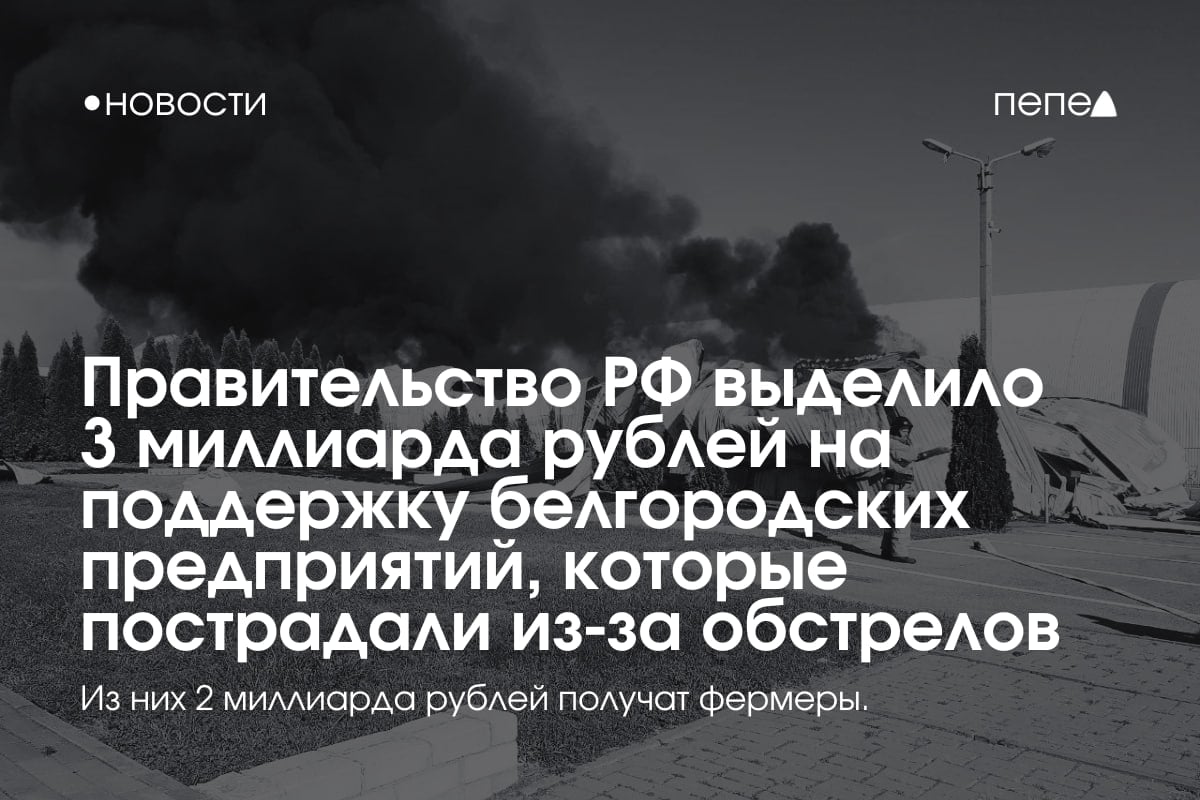 Правительство РФ направит 3 миллиарда рублей на восстановление белгородских предприятий, пострадавших от обстрелов.  Большую часть из этих средств получат аграрии — 2 миллиарда рублей.  Губернатор Белгородской области заявил, что региональные власти обратятся к федеральному правительству за следующим траншем только после того, как специалисты подсчитают ущерб, нанесённый предприятиям от обстрелов.  • Ранее Правительство РФ выделило Курской, Белгородской и Брянской областям 800 миллионов рублей на компенсацию зарплат сотрудникам не работающих из-за войны предприятий.   По словам Вячеслава Гладкова, в регионе такой мерой поддержки воспользовалось 44 компании.    Подписаться на «Пепел»