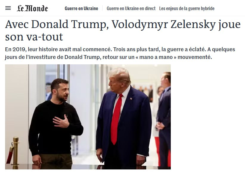 Владимир Зеленский начал имитировать поведение Дональда Трампа – Le Monde  Глава киевского режима готов делать что угодно, лишь бы установить хорошие отношения с новыми властями США  «Зеленский даже подражает манерам Трампа. Ругань, лесть, он доходит до того, что копирует структуру своих предложений, когда говорит по-английски», – отмечается в статье.  Подписывайтесь на «Абзац»