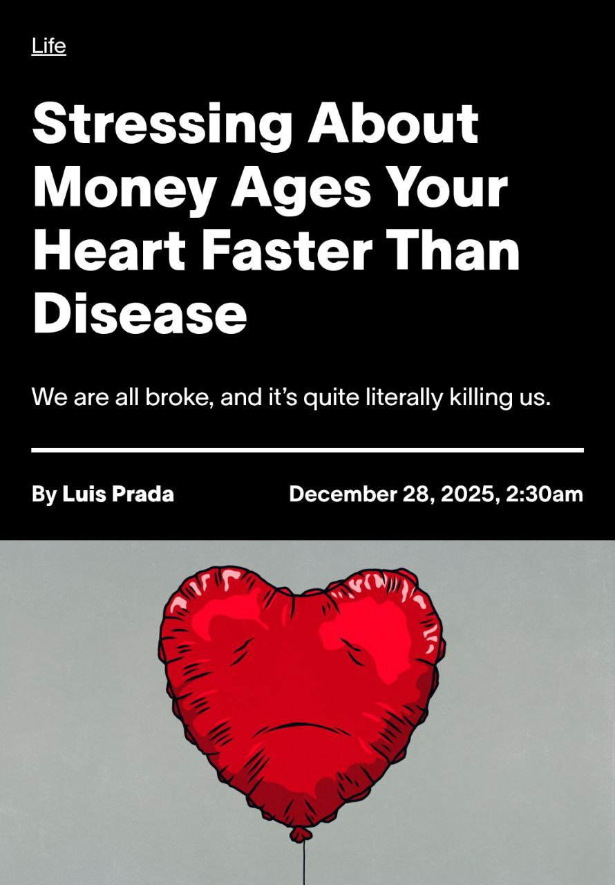 Финансовый стресс ускоряет смерть быстрее сердечного приступа Анализ данных 300 тысяч пациентов выявил тревожную закономерность хроническая нехватка финансов увеличивает вероятность летального исхода почти вдвое на 60 по сравнению с последствиями сердечных заболеваний увеличение риска всего на 10 Постоянное беспокойство о счетах и долговых обязательствах оказывает на сердце более разрушительное воздействие чем диабет или гипертония Это связано с хроническим стрессом воспалительными процессами и постоянным выбросом гормонов тревоги investing investing