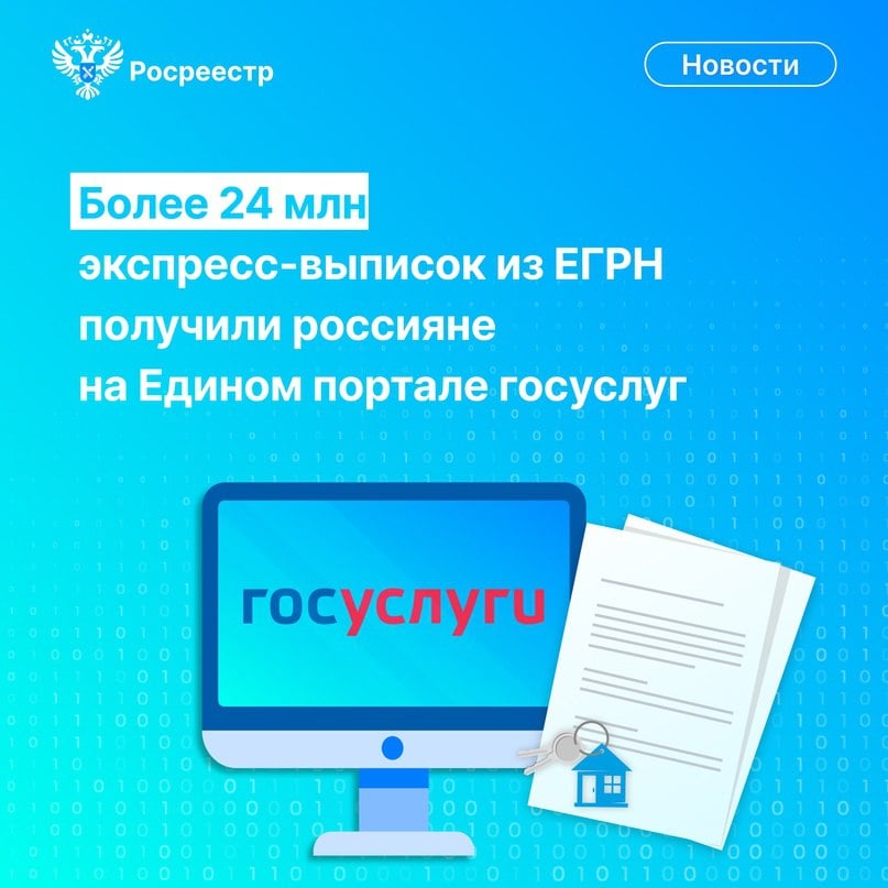 Росреестр  VK     #ЦифраДня Более 24 млн экспресс-выписок из ЕГРН получили россияне на Едином портале госуслуг. Эта услуга была выведена на ЕПГУ с 1 марта 2023 года. Теперь граждане могут заказать экспресс-выписку из ЕГРН бесплатно в онлайн-режиме и получить её в течение нескольких секунд. Данный проект мы реализуем совместно с Минцифры.    Добавим, что в 2023 году на портал были выведены все наши услуги, включая кадастровый учёт, регистрацию прав и предоставление сведений из ЕГРН. Заявитель может проследить выполнение запроса в личном кабинете.    «В целом по сравнению с 2020 годом доля электронных услуг Росреестра выросла в 3 раза – до 59%. Доля электронной ипотеки - в 9 раз, до 82,3%, и зарегистрировать её можно в течение одного рабочего дня. Доля электронной регистрации договоров долевого участия выросла в 4,3 раза, до 86,7%. Это позволило повысить доступность и удобство получения госуслуг в сфере недвижимости для граждан и бизнеса», – отметил глава ведомства Олег Скуфинский.