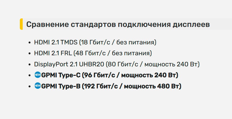 Китайские разработчики представили новый стандарт кабеля GPMI. Этот кабель способен поддерживать разрешение 16К, обладает высокой скоростью передачи данных и дополнительно может обеспечивать питание для устройств. Для домашнего использования планируется выход двух версий: — GPMI Type-B, предлагающий вдвое больше мощности по сравнению с HDMI 2.1: пропускная способность 192 Гбит/с и питание до 480 Вт; — GPMI Type-C, который быстрее и более компактный, чем DisplayPort 2.1: скорость передачи 96 Гбит/с и питание до 240 Вт. Официальная дата выпуска этих кабелей пока не объявлена.