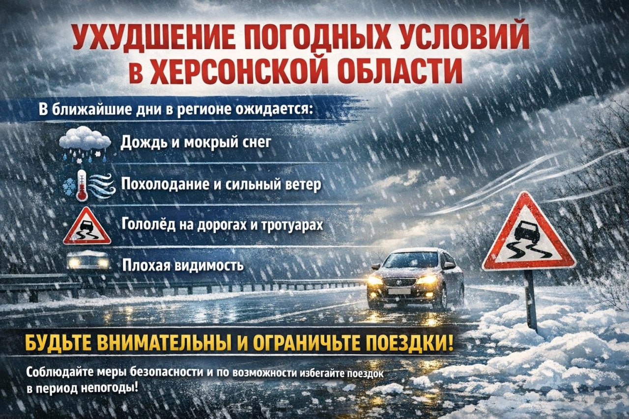 Ухудшение погодных условий в Херсонской области В ближайшие дни в регионе ожидается ухудшение погоды осадки в виде дождя и мокрого снега понижение температуры усиление ветра возможен гололёд на дорогах и тротуарах Просим жителей и водителей быть внимательными соблюдать меры безопасности и по возможности ограничить поездки в период неблагоприятных погодных условий