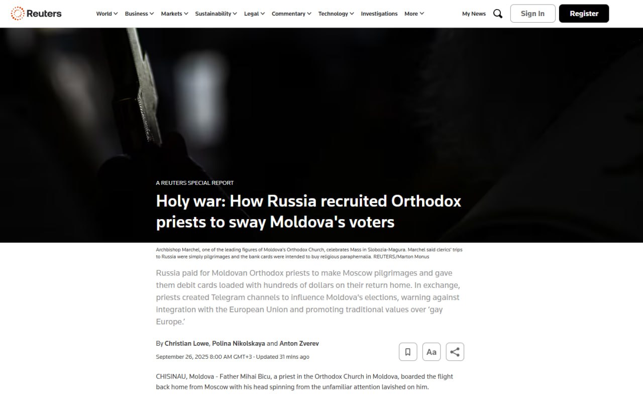 Россия платила молдавским священникам за анти ЕС агитацию Reuters Издание Reuters провело собственное расследование и сообщило сотни священников Молдавской православной церкви посещали РФ в рамках оплачиваемых поездок Там им выдавали банковские карты с деньгами и учили вести Telegram каналы с анти европейской пропагандой Согласно источнику после таких визитов появилось около 90 церковных каналов где публикуют призывы отказаться от курса в ЕС и сохранить традиционные ценности Представители церкви обвинения отвергли и заявили что все поездки были паломничествами Подробности на нашем сайте Подпишись на Moldova Liberă
