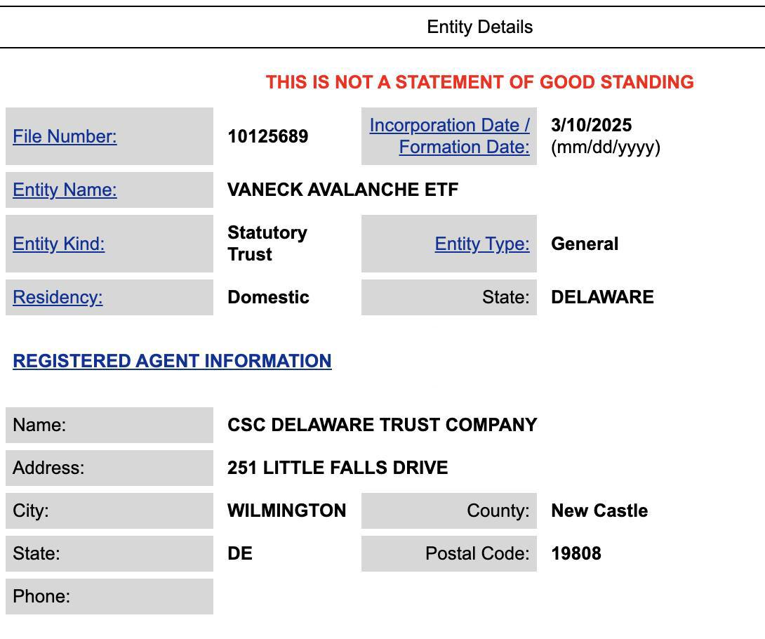 Компания VanEck подала заявку на создание Avalanche-ETF!   В настоящее время документ доступен только на официальном сайте штата Делавэр, что обычно предшествует подаче заявки в SEC.    Торгуй с умом на бирже - Bitget