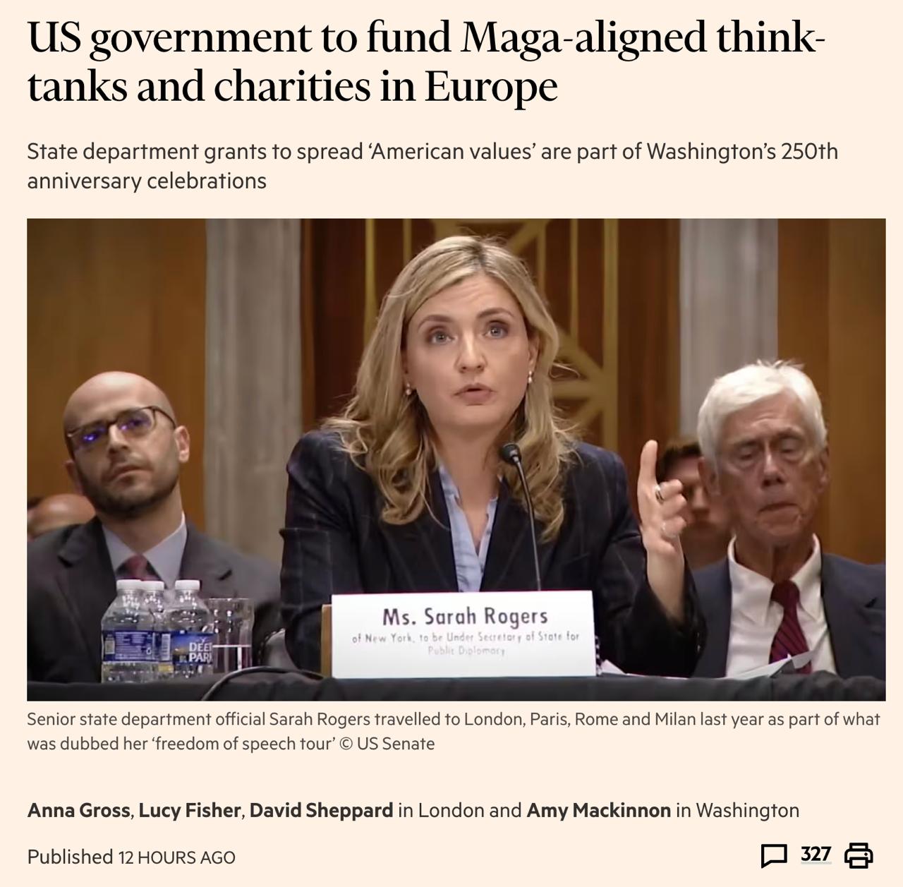 Госдеп намерен финансировать аналитические центры и благотворительные организации по всей Европе связанные с движением MAGA Трампа для распространения его политических позиций сообщает Financial Times со ссылкой на источники По их данным высокопоставленный чиновник Госдепа Сара Роджерс в декабре совершила поездку в Европу для встреч с влиятельными правыми аналитическими центрами и провела переговоры с ключевыми фигурами партии Найджела Фараджа Reform UK о выделении средств на распространение ценностей MAGA Упор будет сделан на инициативы в Лондоне Париже Берлине и Брюсселе В стратегии национальной безопасности США опубликованной в прошлом году содержался призыв к развитию сопротивления нынешнему курсу развития Европы В документе заявлялось что массовая миграция и цензура свободы слова могут привести к уничтожению цивилизации Администрация США ведет крестовый поход за спасение Европы сказал один из высокопоставленных представителей Reform UK беседовавший с Роджерс Они питают искреннюю симпатию к Великобритании но считают что ей угрожают темные силы распространяющиеся по всей Европе Сайт Страна X Twitter Прислать новость фото видео Реклама на канале Помощь