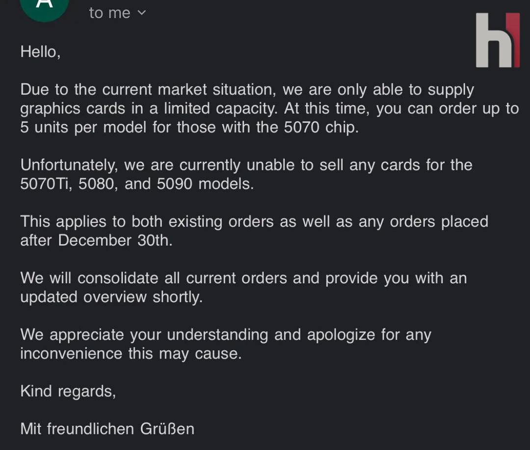 Видеокарты закончились в Европе частично остановили поставки GPU от Nvidia Владелец магазина техники рассказал что его поставщик из Германии отменил все заказы на RTX 5090 RTX 5080 и RTX 5070 Ti сославшись на полное истощение запасов   К отгрузке доступны только RTX 5070 не больше 5 карточек на магазин Виноват снова ИИ из за переориентирования Nvidia на потребности дата центров и общего дефицита памяти спрос банально превышает предложение Этичный хакер
