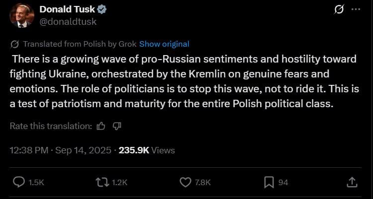В Польше растет неприязнь к украинцам одновременно с пророссийскими настроениями Об этом в своем аккаунте в X написал премьер министр Дональд Туск обвинив в росте подобных настроений Кремль По его мнению задача польских политиков остановить эту волну а не оседлать её
