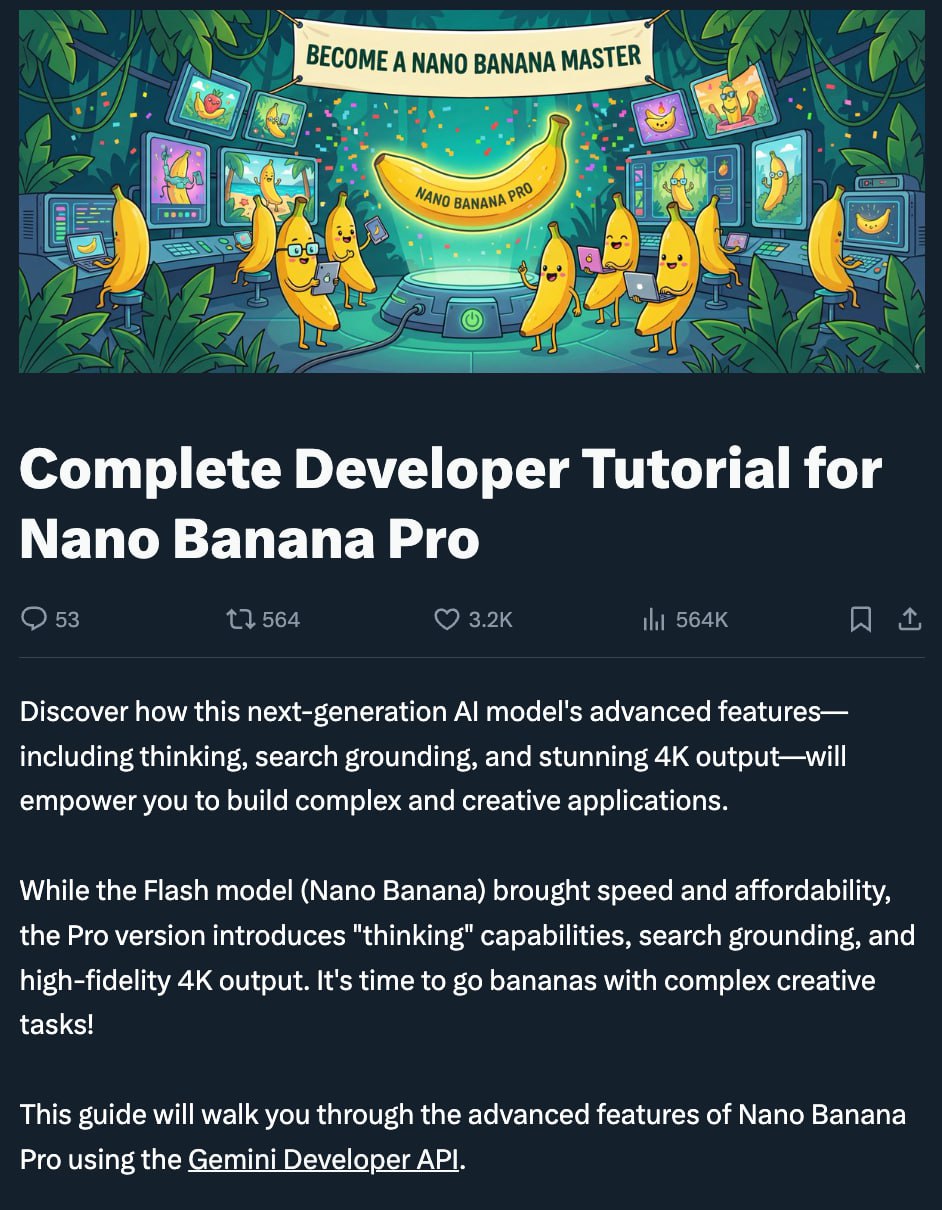 Руководство по эффективному использованию Nano Banana Pro Google представила подробный гайд посвящённый оптимальному использованию Nano Banana Pro В документе содержатся все важные советы от генерации и редактирования сложных изображений до работы с API для создания эстетически приятного контента Включены примеры и готовые промты Изучаем и применяем на практике TechGPTNews