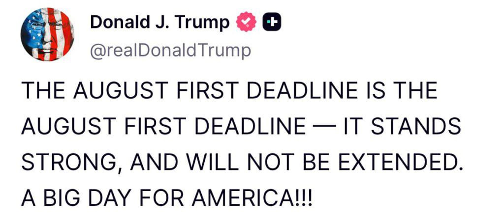 Дональд Трамп заявил, что больше никаких отсрочек после введения 1 августа пошлин США не будет   Т.е. Россию это тоже затронет, 10 дней как раз в августе истекают