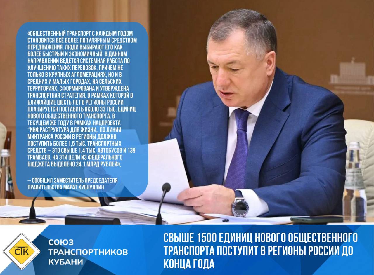 Свыше 1500 единиц нового общественного транспорта поступит в регионы России до конца года Заместитель Председателя Правительства Марат Хуснуллин сообщил что в рамках нацпроекта Инфраструктура для жизни в 2025 году субъекты РФ получат более 1500 единиц современного общественного транспорта 1400 автобусов 139 трамваев На эти цели из федерального бюджета выделено 24 1 млрд рублей Обновление парка поможет снизить автомобильный трафик повысит мобильность населения и улучшит качество жизни людей Основные механизмы поддержки Льготный лизинг от АО ГТЛК для региональных перевозчиков Комплексное развитие электротранспорта по концессионной модели Министр транспорта Андрей Никитин подчеркнул что весь поставляемый транспорт соответствует современным требованиям он комфортабельный безопасный и доступный для маломобильных групп населения К 2030 году доля обновлённого парка должна достичь 85 Работа по обновлению транспорта ведётся с 2020 года в рамках нацпроекта Безопасные качественные дороги За последние 5 лет в регионы уже поставлено 16 3 тыс единиц транспорта включая автобусы троллейбусы трамваи и электробусы