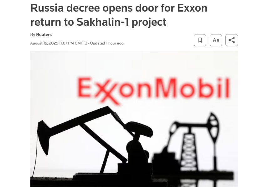 Крупнейшая нефтяная компания США может вернуться в Россию  Путин в день саммита подписал указ, по которому компания Exxon Mobil может вернуться в проект «Сахалин-1», сообщает Reuters.  В 2022 году американская компания вышла из бизнеса, в котором владела 30% акций. Агентство сообщает, что в случае успеха на переговорах Трамп может быстро снять часть санкций, чтобы вернуться в российский бизнес. Кроме того, «Сахалин-1» все еще не попал в санкционные списки США в отношении российской энергетики.  Подпишитесь на «Абзац»   Добавьте «Абзац» в ленту «Дзена»