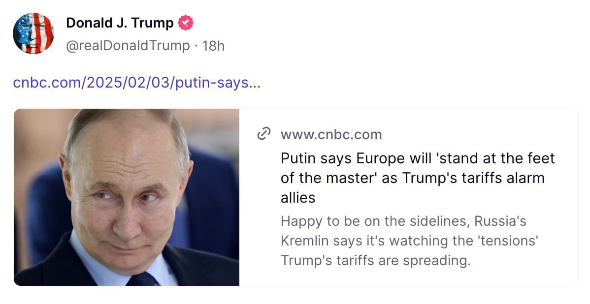 Трамп в своей соцсети Truth сделал репост статьи с заявлением Путина о результатах выборов в США:  «Все они — вот увидите, это произойдёт быстро, — скоро все они станут у ноги хозяина и будут нежно помахивать хвостиком», – сказал российский президент в беседе с журналистом Павлом Зарубиным.