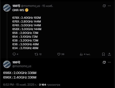 Intel анонсировала рабочие станции на Granite Rapids WS Компания представила линейку серверных процессоров Granite Rapids WS с кэшем до 336 МБ Тесты инженерного образца Xeon 654 показали производительность на уровне Core i7 13700 Параллельно компания отказалась от 8 канальных решений в пользу 16 канальной платформы Oak Stream отвечая на запросы рынка ИИ инфраструктуры   наконец мощный ответ ИИ буму правда массовый сегмент снова проигрывает Следи за новостями VA PC Наш менеджер для связи