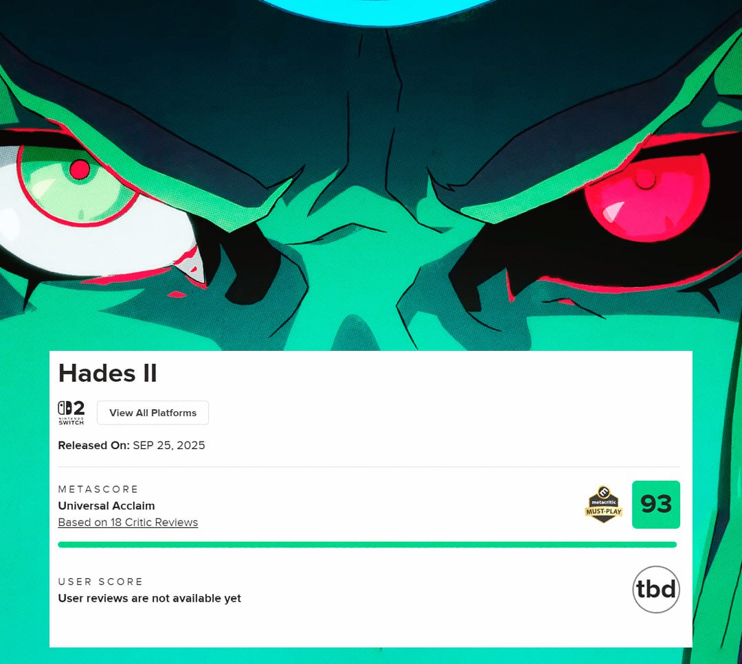 Hades II получила 93 балла из 100 на Metacritic её считают идеальным сиквелом и претендентом на GOTY Критики уточнили что Supergiant Games создала более глубокий тщательно проработанный и при этом крайне увлекательный рогалик epicgamesstore