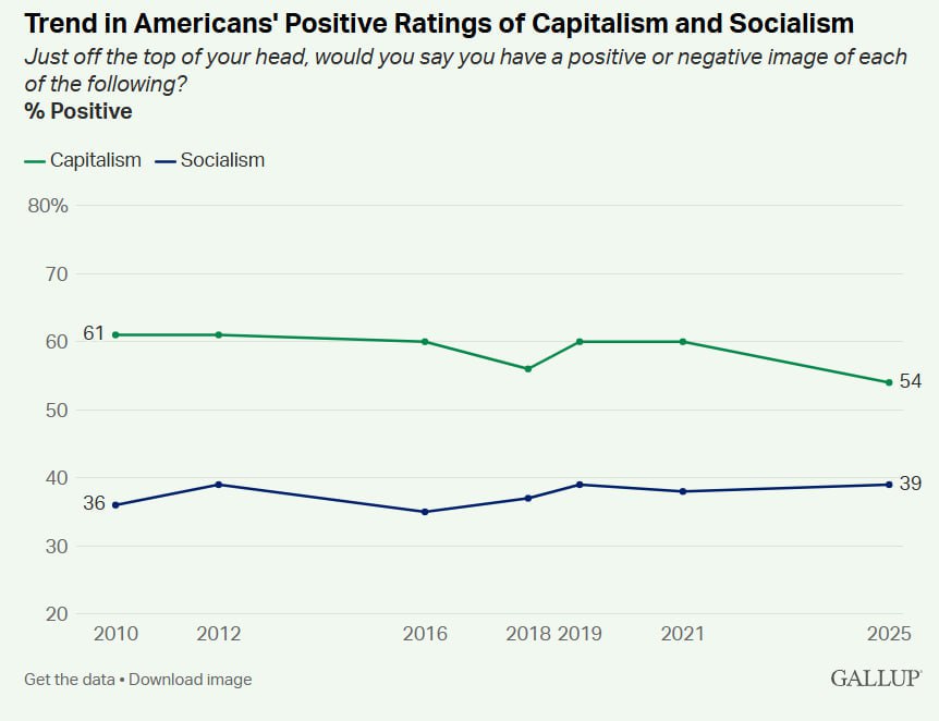 Только половина жителей США довольны капитализмом Согласно опросу Gallup лишь 54 американцев положительно относятся к капитализму Это минимум за все время наблюдений меньше было только в 2018 году 56 а в 2021 году доля сторонников была 60 При этом поддержка социализма в США растет но все еще остается низкой 39 Но у демократов ситуация обратная 66 опрошенных смотрят на социализм позитивно тогда как капитализм одобряют только 42 Среди республиканцев картина противоположная 74 за капитализм и лишь 14 за социализм Отдельно Gallup отмечает падение доверия к крупному бизнесу положительно его оценивают только 37 американцев Для сравнения малый бизнес поддерживают почти единогласно 95 опрошенных kursivm kursiv news
