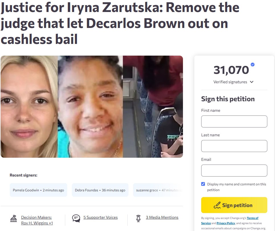 Более 30 000 человек подписали петицию с требованием отстранить от должности судью из Северной Каролины которая отпустила на свободу Деклароса Брауна младшего перед тем как он убил Ирину Заруцкую Ирина Заруцкая была зверски убита Декарлосом Брауном мужчиной страдающим шизофренией которого арестовывали 14 раз в том числе за ограбление с применением смертоносного оружия Настоящий вопрос заключается в следующем почему психически больному рецидивисту позволяли разгуливать на свободе в Шарлотте После своего последнего ареста перед тем как он убил Ирину Декарлос был освобожден без залога мировым судьей Терезой Стоукс По словам законодателей Северной Каролины судья Стоукс освободила его исключительно на основании его письменного обещания явиться в суд в будущем Судья Стоукс приняв во внимание обширное уголовное прошлое Декарлоса и возможно историю его психических заболеваний всё же позволила ему выйти на свободу Нам нужны ответы и ответственность говорится в тексте петиции криминал северная каролина Больше новостей США здесь Подписывайся news about USA