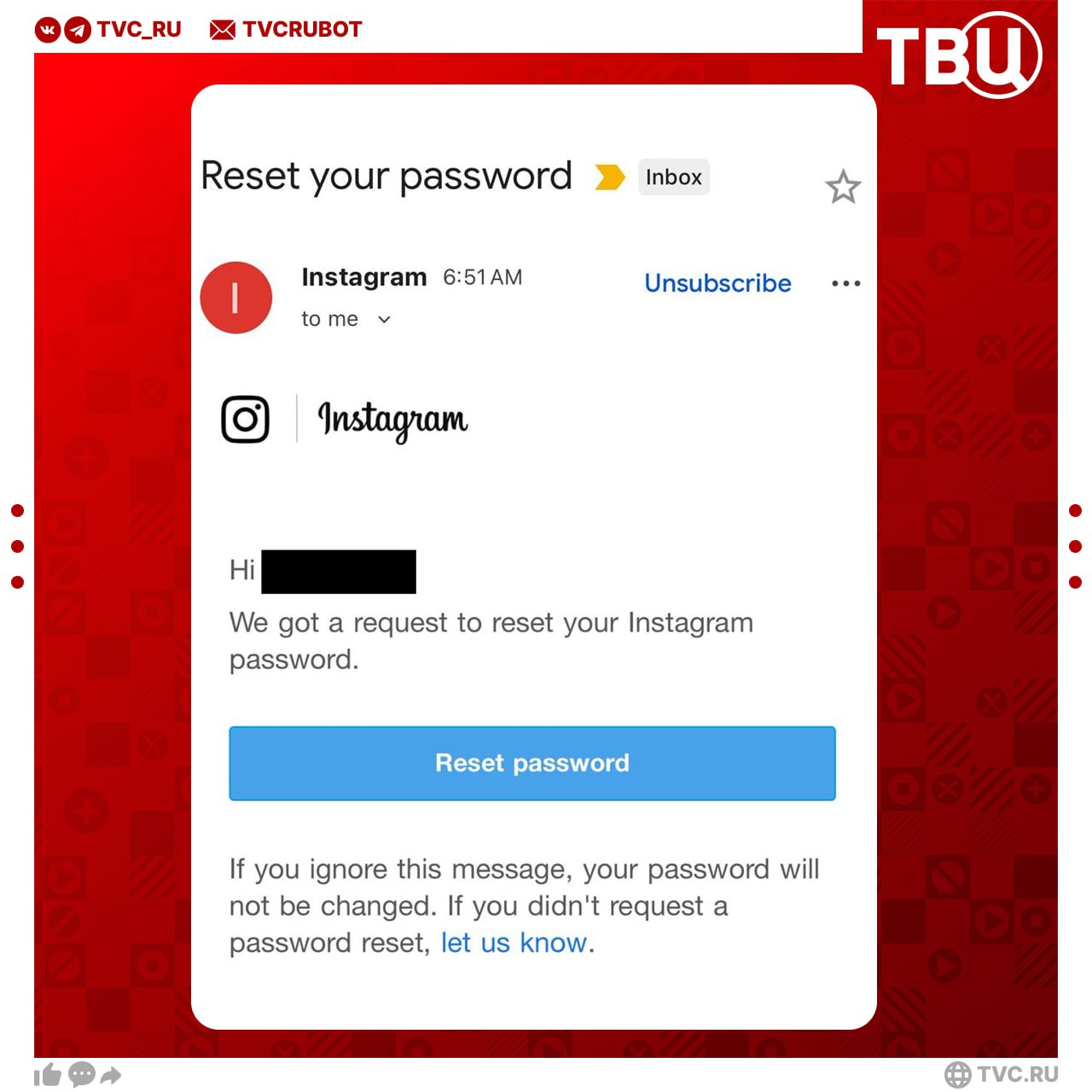 Хакеры украли данные 17 5 миллионов пользователей Instagram В сеть слили имена пользователей их номера телефонов адреса электронной почты и другие данные Теперь людям приходят фишинговые ссылки якобы для смены пароля или для подтверждения аккаунта Подписаться на ТВЦ в MAX Принадлежит корпорации Meta которая признана экстремистской и запрещена в РФ