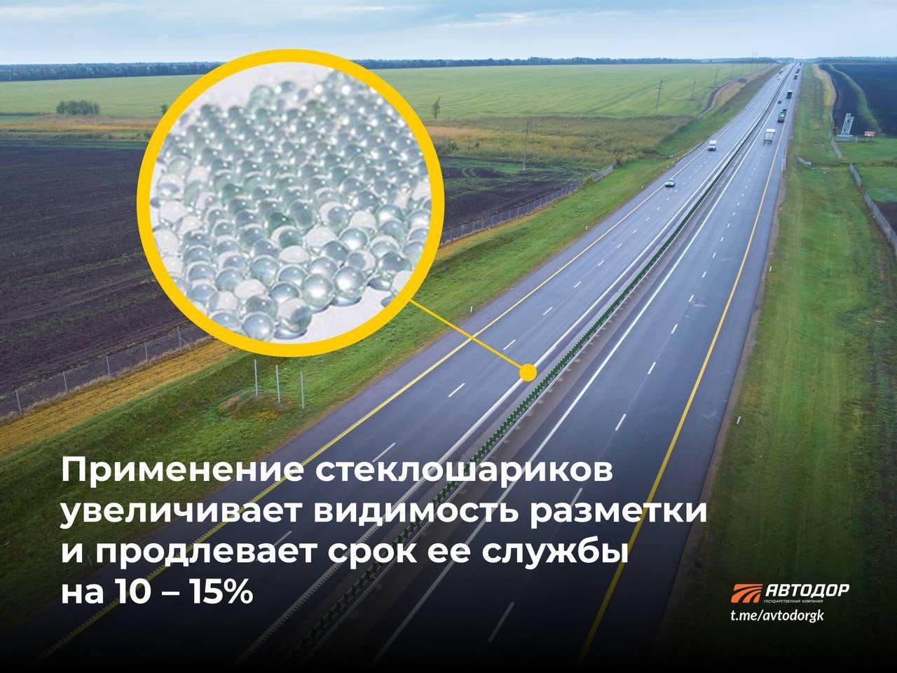В этом году Госкомпания «Автодор» нанесет более 1500 км разметки со стеклошариками в исторических регионах По программе текущего года в Донецкой и Луганской Народных Республиках, Херсонской и Запорожской областях восстановят более 700 км межрегиональных и муниципальных дорог. Кроме асфальтобетона, в планах обеспечить для жителей регионов и комфортную инфраструктуру. Будут обустроены тротуары, а также установлены остановочные павильоны. В планах нанести более 1500 км разметки термопластиком со стеклошариками. Это маленькие частицы стекла с гранями, внешне напоминающие манную крупу. Для нанесения разметки на дорогах госкомпании используется термопластик, в составе которого есть стеклошарики. Таким образом, в свете автомобильных фар проявляется эффект «свечения» за счет светоотражения. В ДНР нанесут более 400 км, в ЛНР – более 830 км, а в Херсонской и Запорожской областях – около 300 км такой разметки. Термопластик увеличивает видимость в темноте, дождливую и пасмурную погоду, улучшает сцепление автомобилей с дорогой, а сам материал отличается значительной износостойкостью по сравнению с краской.