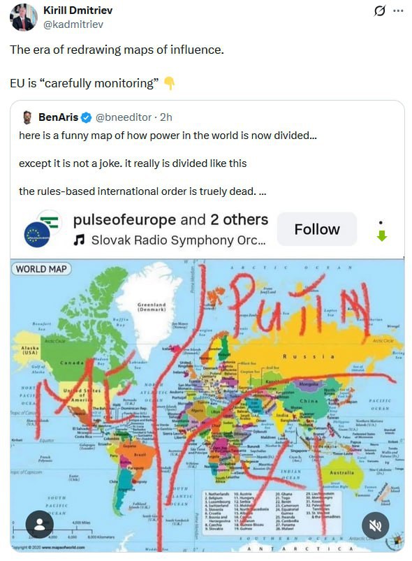Эпоха перерисовки карт влияния Кирилл Дмитриев обратил внимание на шуточную карту с красными линиями где мир поделен на Путин Си и Я Трамп Карта разошлась в европейском сегменте это стало поводом для сарказма что Европа снова тщательно мониторит ситуацию и ничего не делает
