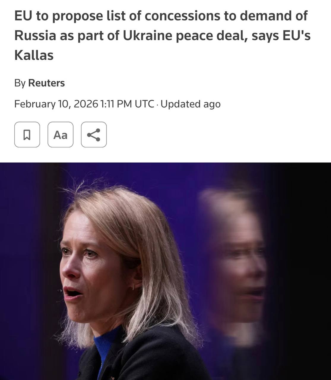 Как информирует Reuters Европейский Союз подготовил перечень условий которые планирует выставить России для подписания мирного соглашения по Украине Каллас отметила что инициатива по формированию условий мира должна поступать именно от Москвы а не усугублять ситуацию для Украины