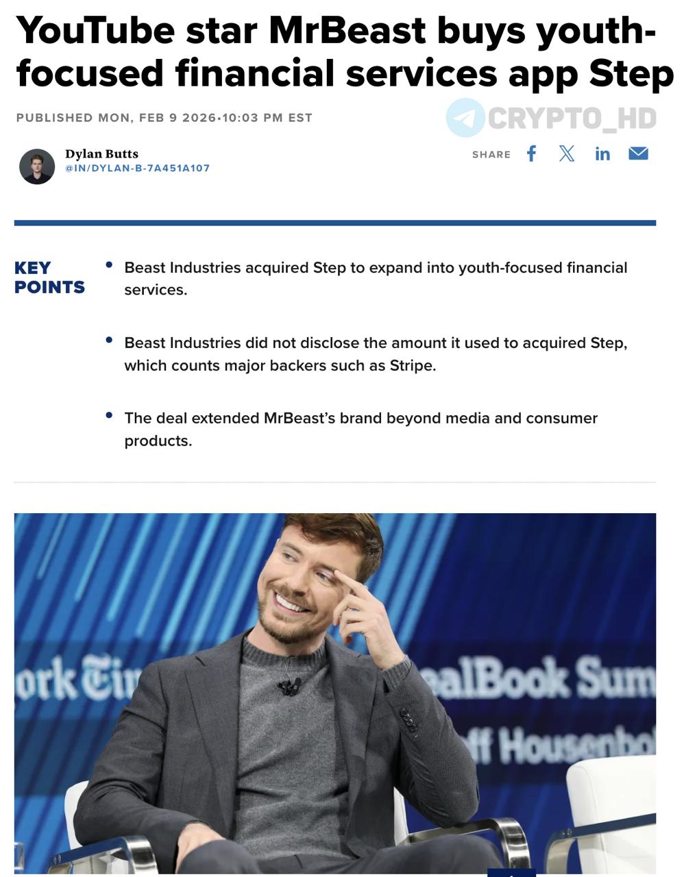 MrBeast приобретает мобильный банк для молодежи Компания Beast Industries бренд MrBeast купила мобильное финансовое приложение Step ориентированное на поколение Z и молодежь Запущено в 2018 г Около 6 5 млн пользователей Привлечено около 500 млн инвестиций Страхование счетов обеспечивается Evolve Bank Trust Через несколько недель после привлечения 200 млн инвестиций экосистемой MrBeast от компании BitMine Также в октябре зарегистрирована торговая марка MrBeast Financial включающая услуги криптовалютной биржи крипто платежей и децентрализованных бирж DEX investing investing