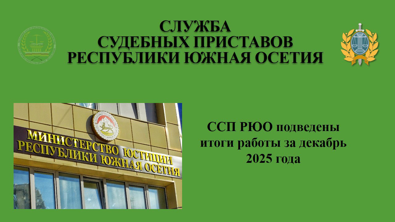 За декабрь 2025 года Службой судебных приставов Республики Южная Осетия на основании поступивших документов было возбуждено 1 098 исполнительных производств на общую сумму 4 820 167 руб Из числа возбужденных окончено 1 619 исполнительных производств на сумму 108 270 184 руб из которых фактическим исполнением завершено 1 570 на сумму 6 079 627 руб В доход государства было взыскано 1 497 850 руб из них налоги и пени 289 692 руб госпошлина 11 248 руб уголовные штрафы 11 284 руб административные штрафы 1 146 910 руб За отчетный период судебные приставы поддерживали установленный порядок в 140 судебных заседаниях В целях обеспечения судебного производства осуществлено 4 принудительных привода подозреваемых и обвиняемых