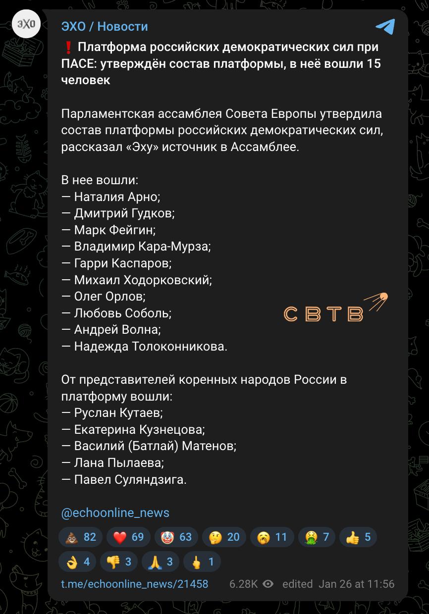 ПАСЕ сформировал российскую демократическую платформу в неё войдут 10 либералов и 5 деколонизаторов ЭХО Как указывает источник издания Ассамблея Совета Европы утвердила состав платформы демократических представителей От либеральной оппозиции в неё вошли Наталия Арно Дмитрий Гудков Марк Фейгин Владимир Кара Мурза Гарри Каспаров Михаил Ходорковский Олег Орлов Любовь Соболь Надежда Толоконникова Ещё пять мест займут представители коренных народов требующие деколонизации РФ Руслан Кутаев Екатерина Кузнецова Василий Батлай Матенов Лана Пылаева Павел Суляндзига Обратим внимание что в платформу ПАСЕ не прошёл архитектор антироссийских санкций Сергей Алексашенко который ранее отказался отдавать румынскому бюрократу золотой запас Румынии украденный большевиками 100 лет назад За это Юлиан Булай пообещал наложить вето на кандидатуру экономиста upd Список опубликован на официальном сайте ПАСЕ Десятым представителем демократических россиян станет живущий с начала войны в Украине врач Андрей Волна Задонатить через бота Patreon