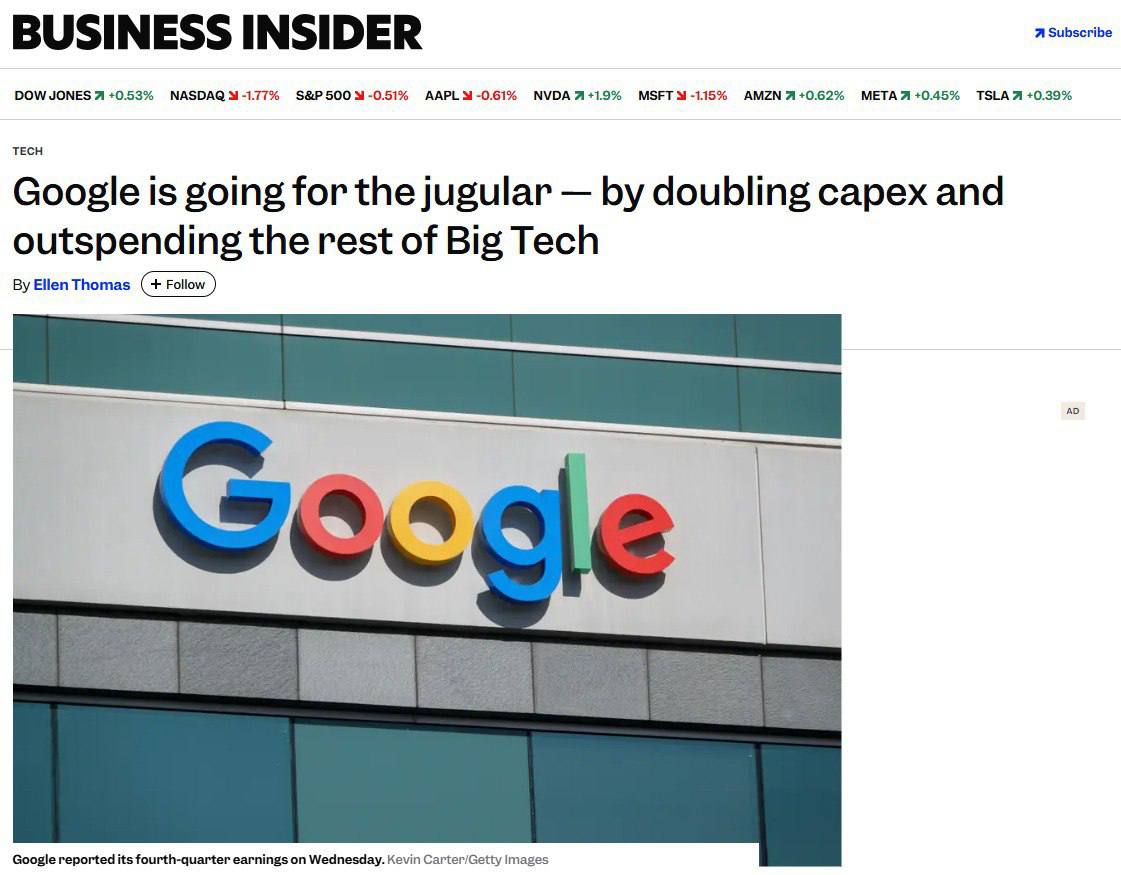 Google удвоит расходы на развитие ИИ Business Insider Материнская компания Google Alphabet планирует в 2026 году направить 175 185 млрд долларов на инфраструктуру ИИ включая закупку чипов и строительство дата центров Это почти вдвое больше ожидаемых в 2025 году расходов Издание отмечает акции Alphabet упали примерно на 2 после того как они сообщили о доходах за 4 й квартал Бумаги Microsoft упали на 6 инвесторы обеспокоены высокими затратами на ИИ и зависимостью компании от заказов со стороны OpenAI Подписывайтесь на BFM И в MAX