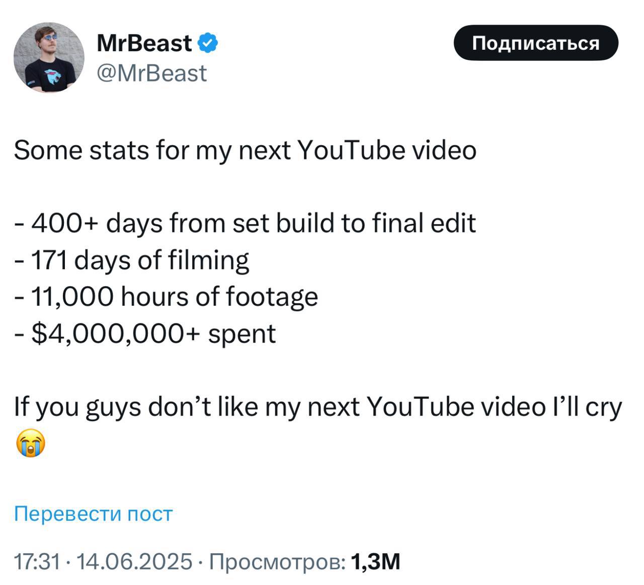 MrBeast сообщил о выходе нового ролика, съёмки которого длились 171 день и обошлись в более чем 4 миллиона долларов  Всего команда отсняла 11 000 часов материала  KOSTI