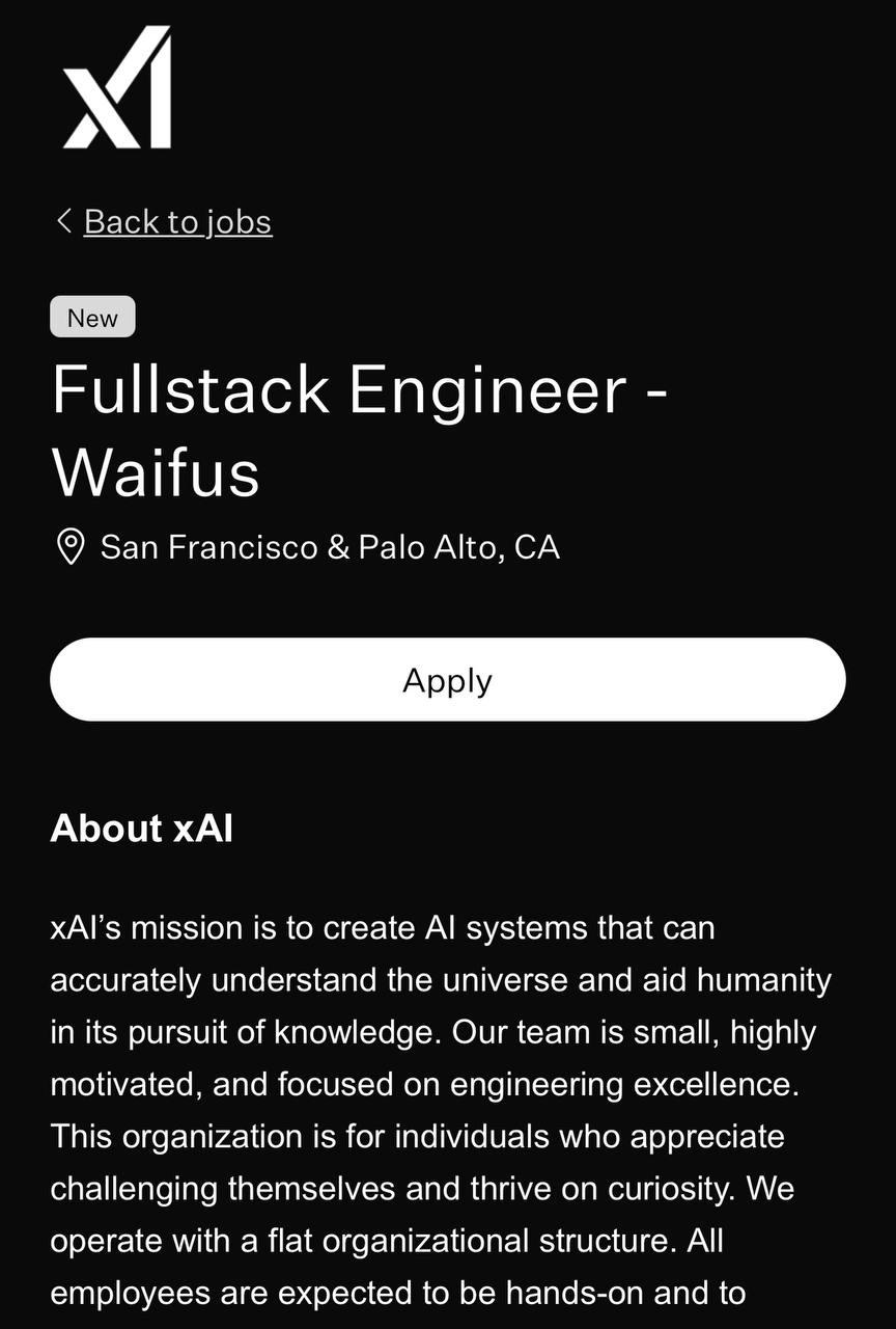 xAI прислушалась к юзерам и теперь ищет Fullstack-разработчика вайфу с зарплатой ₽34 миллиона в год.  Как вы могли догадаться, в задачи такого разраба будет входить создание новых аватаров с минимальной задержкой и проведение исследований по геймплею и работе с аудио.  Отправляем свое резюме сюда.