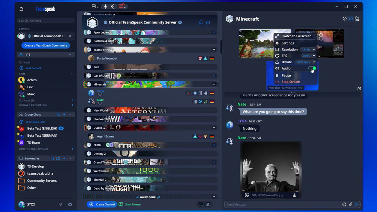 Самая НАСТОЯЩАЯ замена Дискорду — TeamSpeak выкатили ОГРОМНУЮ обнову и теперь это полноценный конкурент заблокированного сервиса:   • Есть демонстрация экрана в 1440р и 1080/60 ФПС; • Присутствует возможность включать камеру; • Глобальный СОВРЕМЕННЫЙ редизайн; • Поддержка мультистриминга; • Улучшение звука.  Качаем тут и приглашаем друзей.